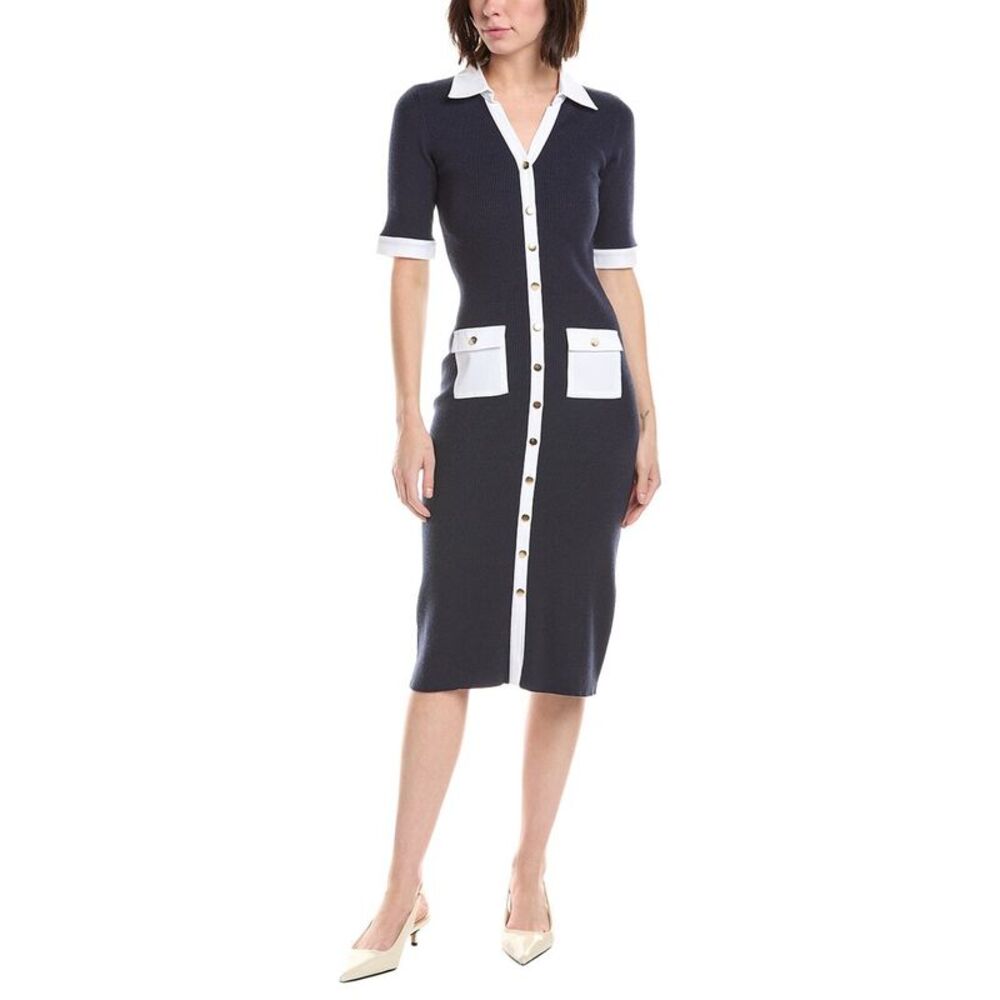 T Tahari Womens Elbow Sleeve Split Neck Rib Dress, Navy